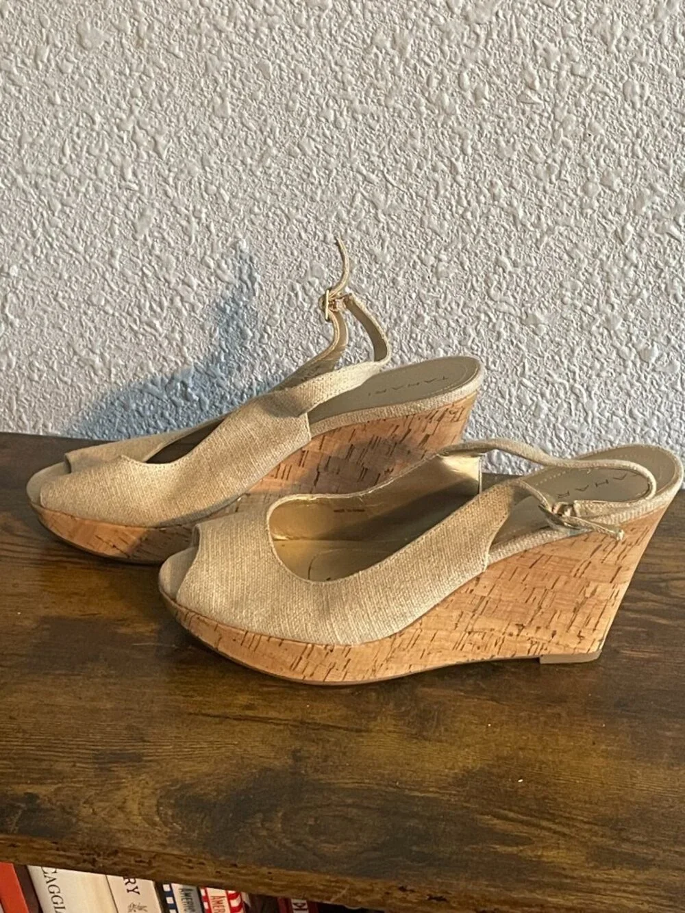 Tahari Woven Cork Wedges – Neutral Peep Toe – Size 9 (Light Wear)